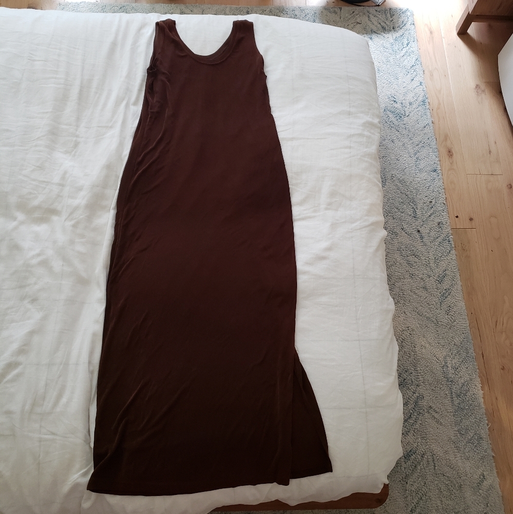 FLAX brown sleeveless midi dress S sideslit slinky
